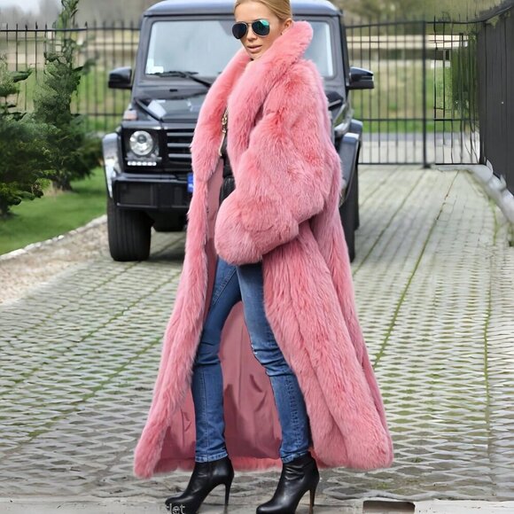 Pink Casual Womens Luxurious Waterfall Neckline Flowy  Faux Fur Long Jacket Coat - Picture 2 of 8